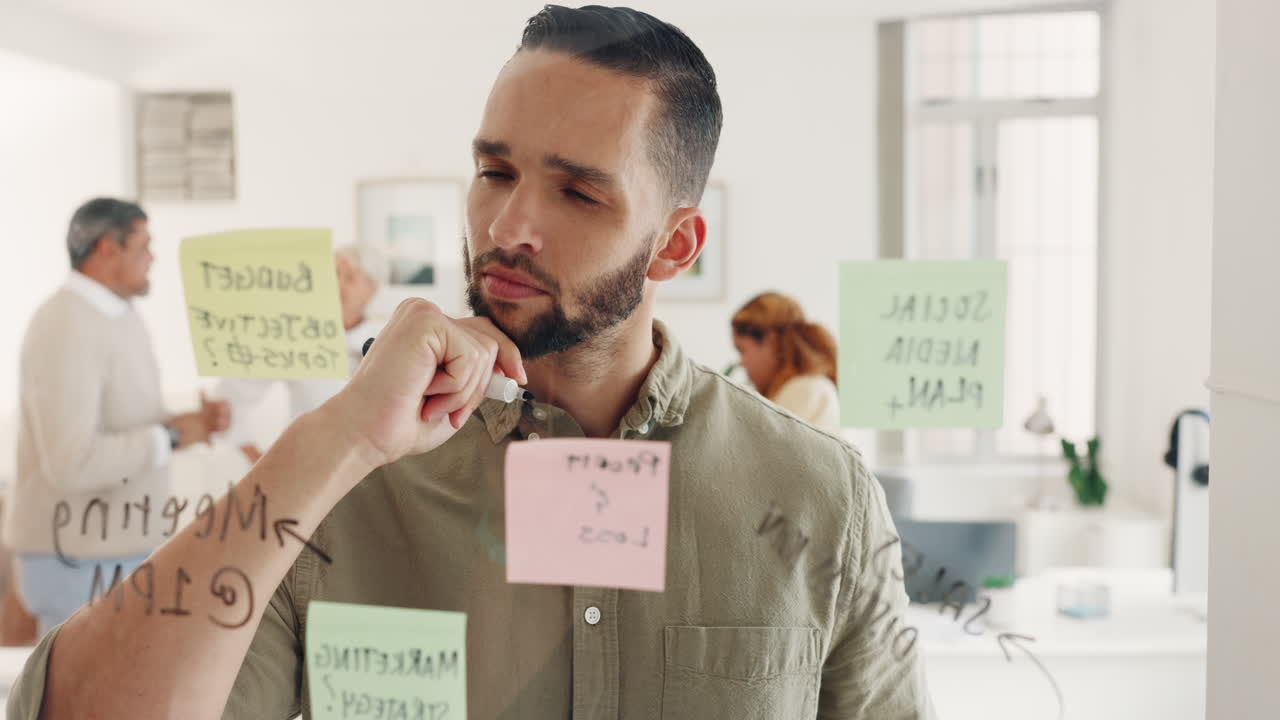 Planning, thinking and sticky note with a business