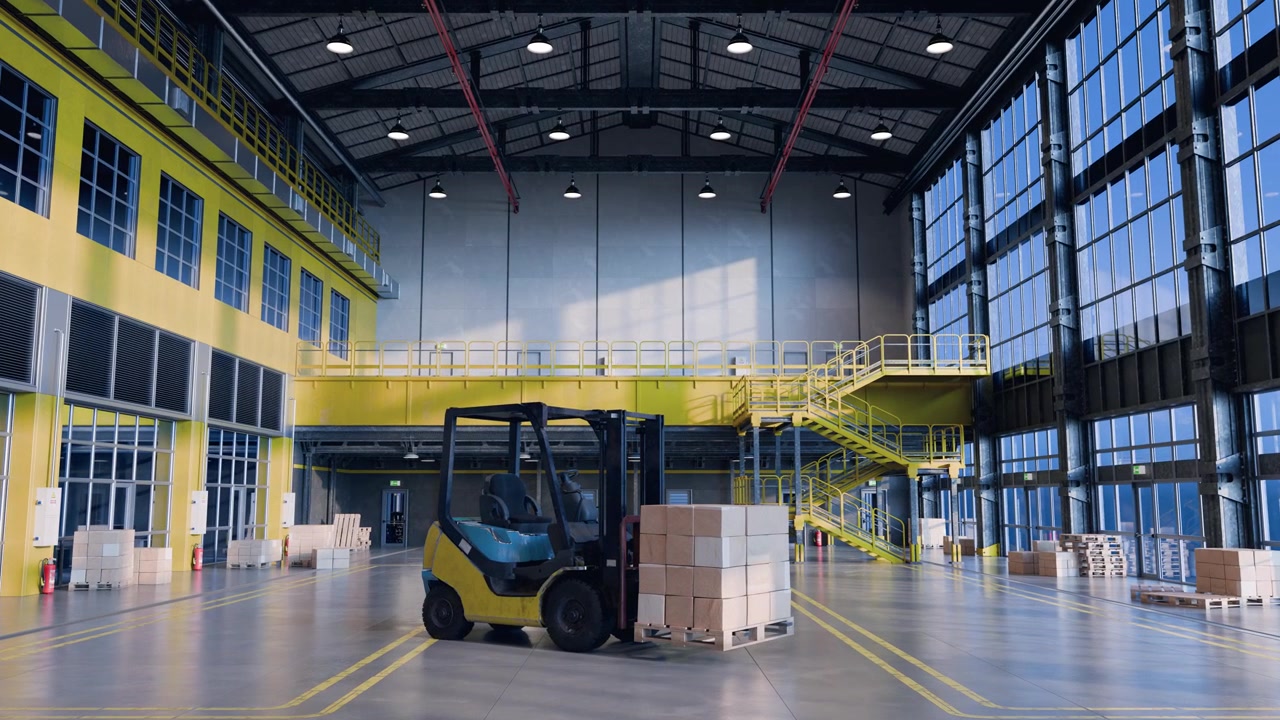 Forklift parked in a modern industrial warehouse