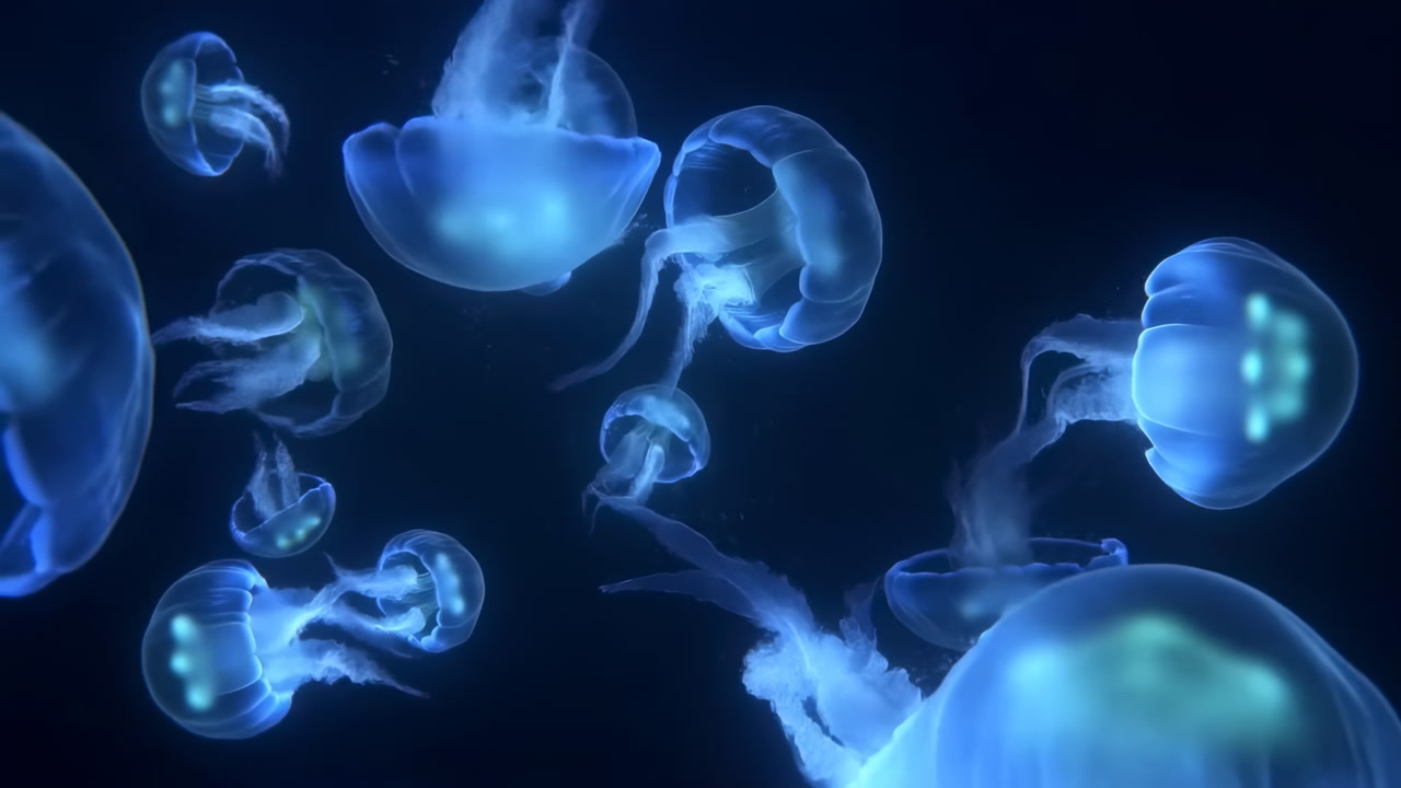 Bioluminescent Blue Jellyfish Swimming Gracefully in Dark Ocean Water