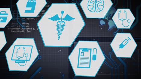 animación de iconos médicos y procesamiento de datos científicos sobre fondo azul