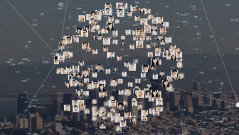 Animation-Eines-Netzwerks-Von-Verbindungen-Mit-Personenfotos-über-Dem-Stadtbild
