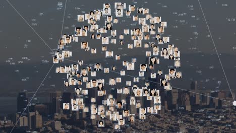 animation of network of connections with people photos over cityscape