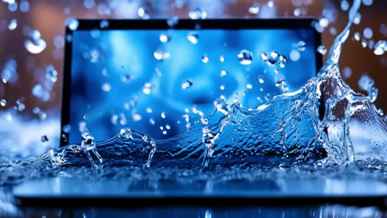 Water splashed on laptop. Water splashes around a laptop, with droplets scattering dramatically in all directions.