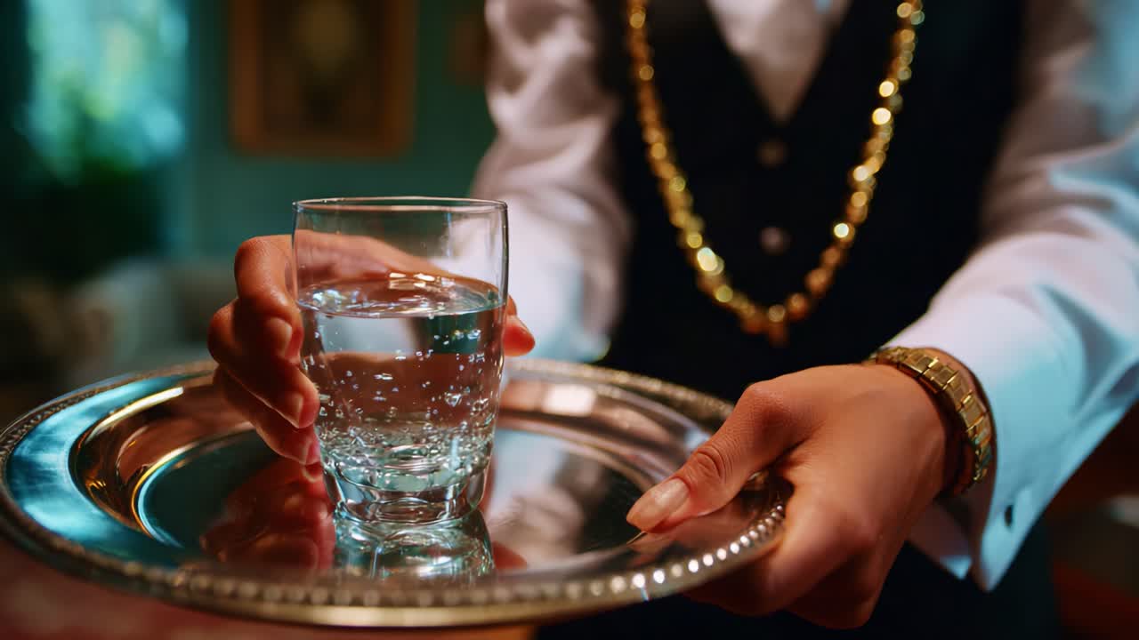 An Elegant Presentation of Water: A Skillful Waiter Serving a Glass of Crystal Clear Water on a Silver Tray, Highlighting the Art of Hospitality and Attention to Detail in a Luxurious Setting