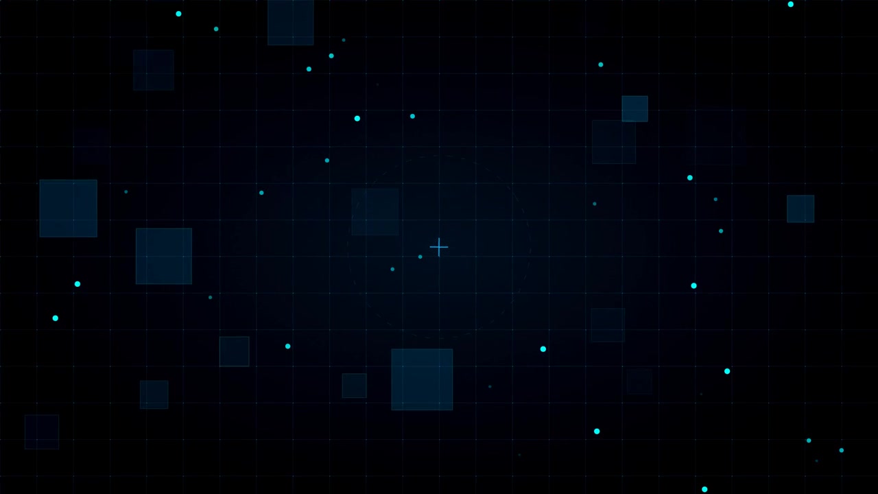 Abstract Digital Interface with Floating Squares and Glowing Particles