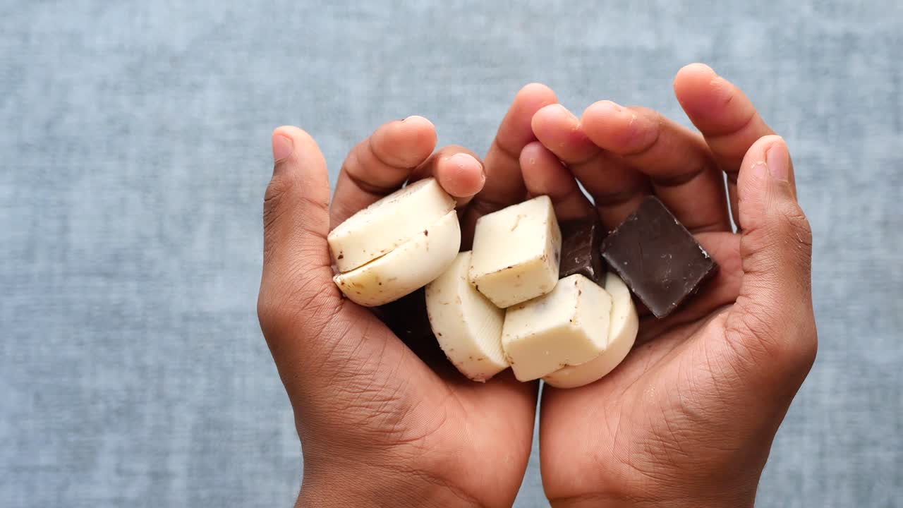 다양한 초콜릿 조각을 들고 있는 아이의 손