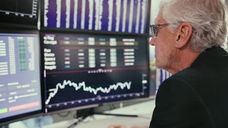 a businessman in a suit working in an office in front of multiple monitors, looking at stock market data.