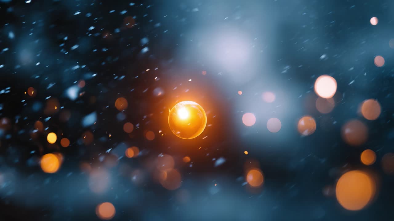 Una scena incantevole di sfere luminose tra fiocchi di neve vorticosi, che crea un'atmosfera magica piena di luci scintillanti e un senso di meraviglia e tranquillità.