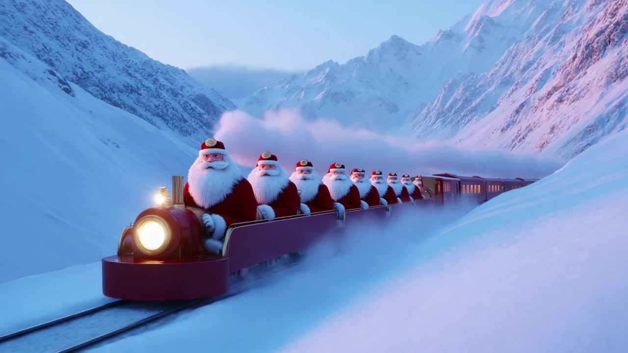 A whimsical train journey through a snow-covered landscape, featuring multiple Santa Claus figures aboard a vintage steam locomotive, creating a magical holiday atmosphere in a picturesque winter setting