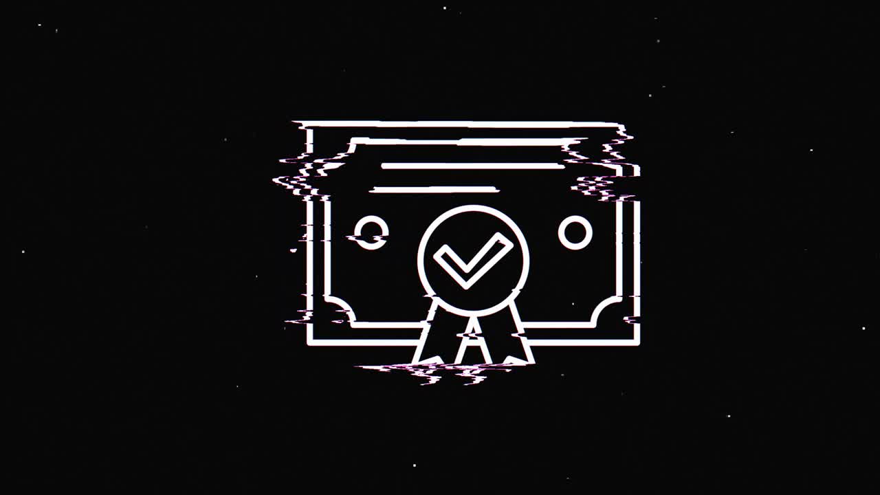 디지털 오래된 tv 스크린에 줄 체크 마크 hud 홀로그래픽 기호 시엄리스 루프 글리치 애니메이션, 심장, 역동적인 레트로 및 즐거운, 다채롭고 빈티지 비디오 영상.