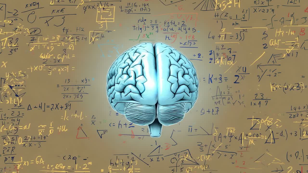 Starting animation rotating 3D-rendered brain model revealing views on gold backdrop, with formulas