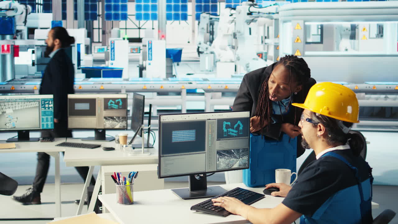 tecnico dell'impianto di pannelli solari che progetta le linee di assemblaggio, direttore informatore