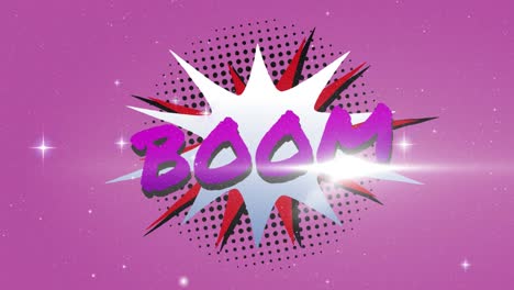 boom texto en burbuja de habla retro contra estrellas brillantes en fondo púrpura