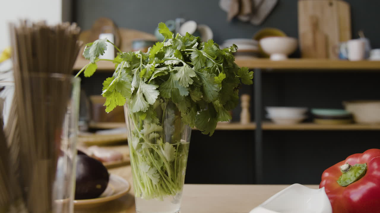 Fresh Cilantro in a Glass on Kitchen Counter
