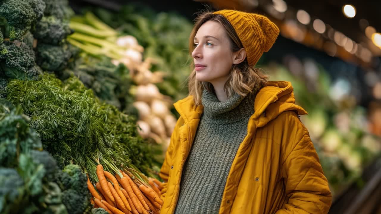 Una donna allegra con una giacca gialla e un berretto si gode lo shopping di verdure fresche in un mercato vivace, ricco di prodotti colorati e vegetazione.