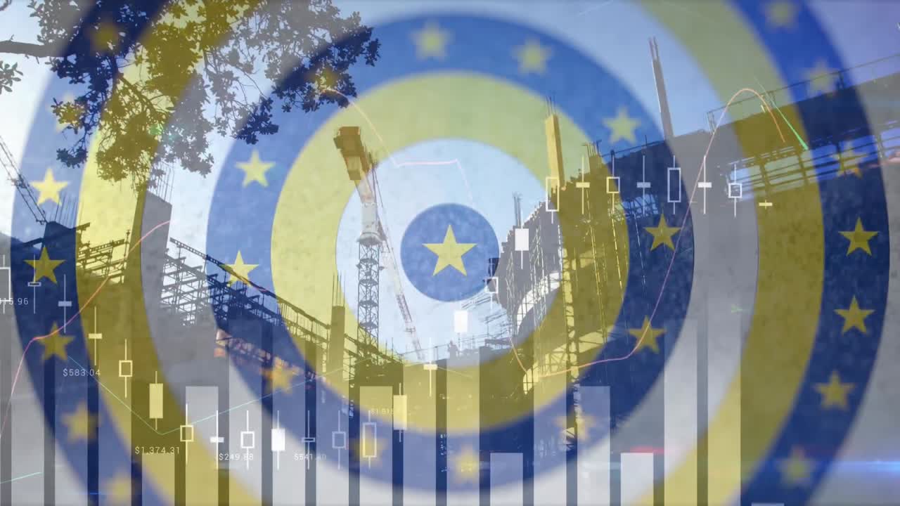 파란색 원을 움직이는 노란색 별과 건설 현장에 대한 데이터 처리