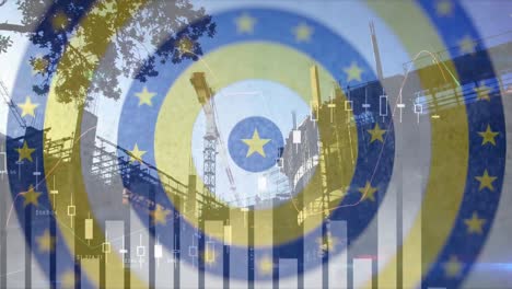 yellow stars on moving blue circles and data processing against construction site