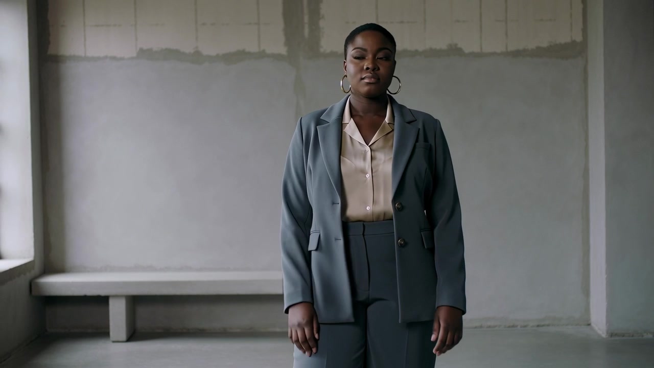 Entering raw loft, woman in suit walking to camera, inspecting space, turning to window and bench