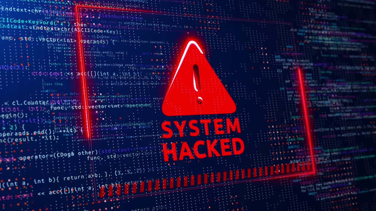 Warning of a system hacked virus cyber attack malware concept 4k 3d cyber safety internet security