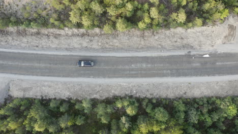 4k aerial top view of summer green trees in forest and a car driving on the forest country road