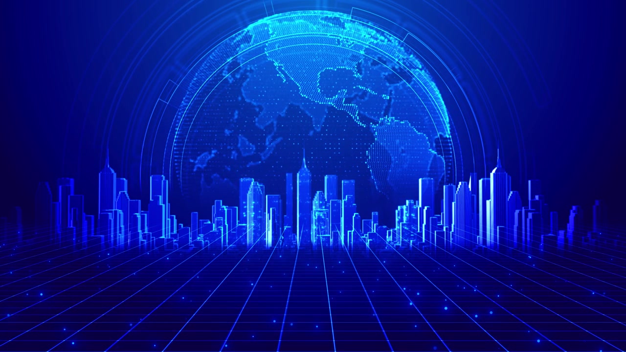 Blue global smart city visual with holographic skyline earth sphere and glowing grid floor perfect