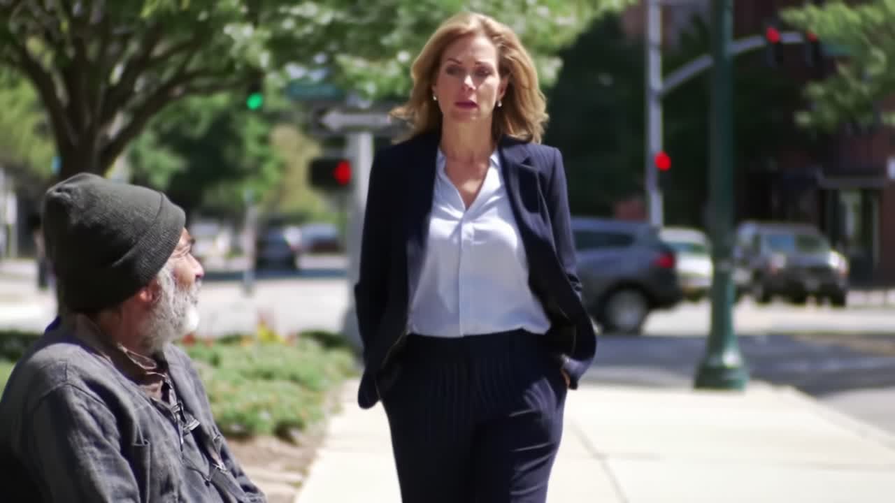 A Compelling Encounter: A Confident Woman Walks Past a Homeless Man, Capturing the Juxtaposition of Two Different Lives in Urban Surroundings