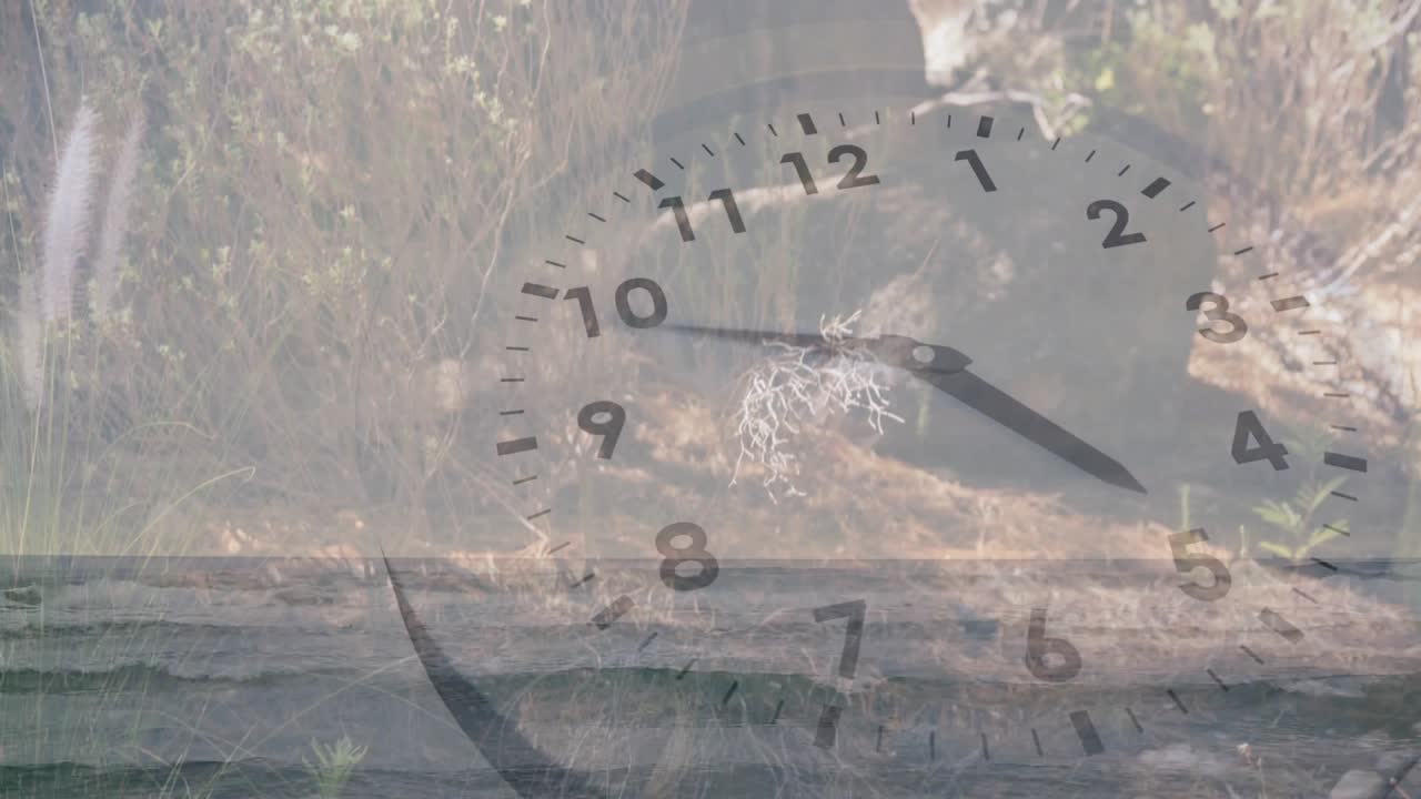 Starting before 3:00 analog clock overlay sweeping minute hand over rippling lake showing time flow