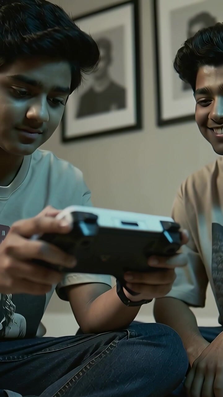 Vertical video: Pressing two teens controlling gamepad on carpet at home in tees, playing together