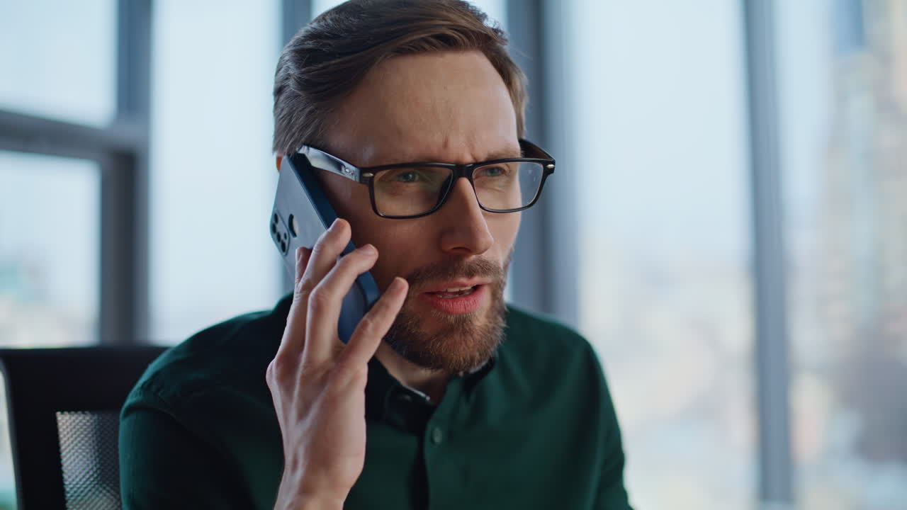 Entrepreneur have stressful call holding business documents at office closeup