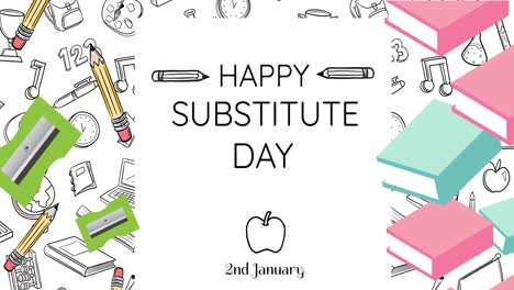 Animation-of-happy-substitute-day-text-over-school-items-icons-on-white-background