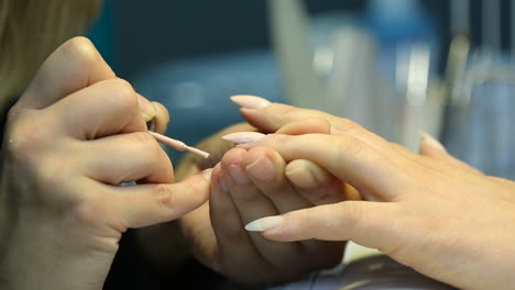 Young professional woman beautician making nails to her female client
