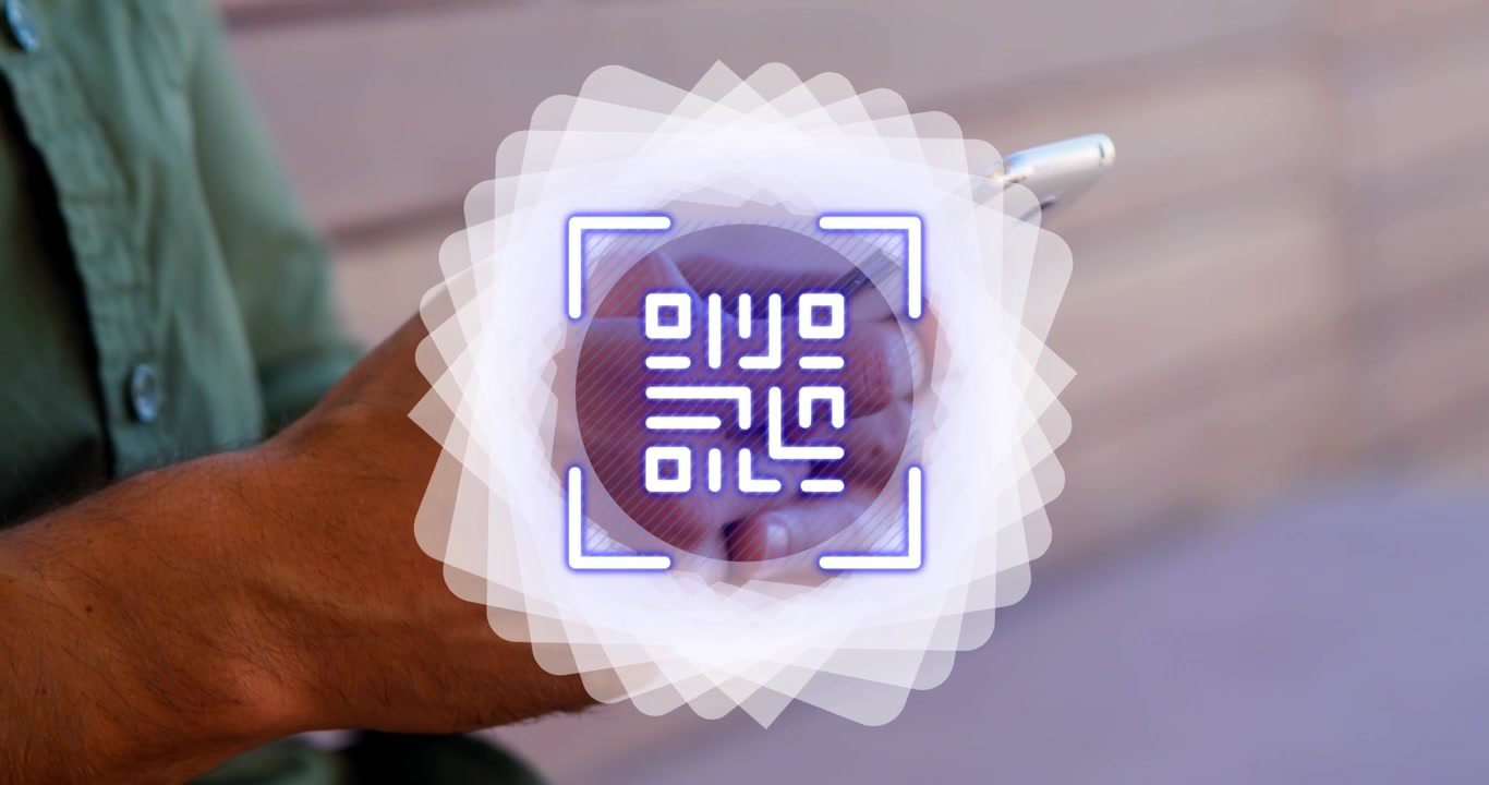 Animation of shapes and qr code over man using smartphone