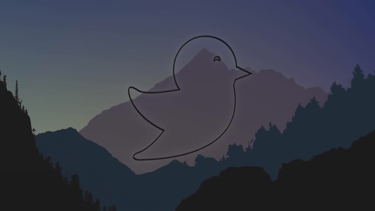 Ícone de pássaro neon piscando contra paisagem com montanhas
