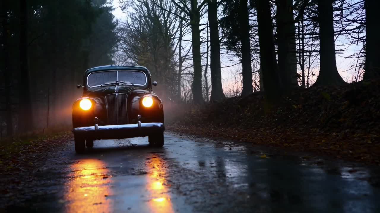 Oldtimer auf einer nebligen Waldstraße in der Dämmerung, aufgenommen aus einem niedrigen Winkel, filmreifer Videostil