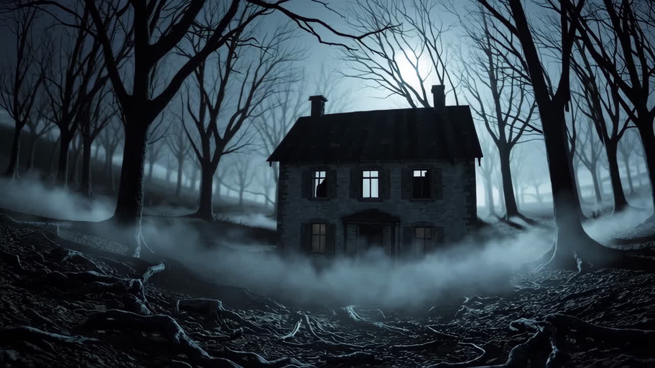 Haunted House in a Misty Forest at Night