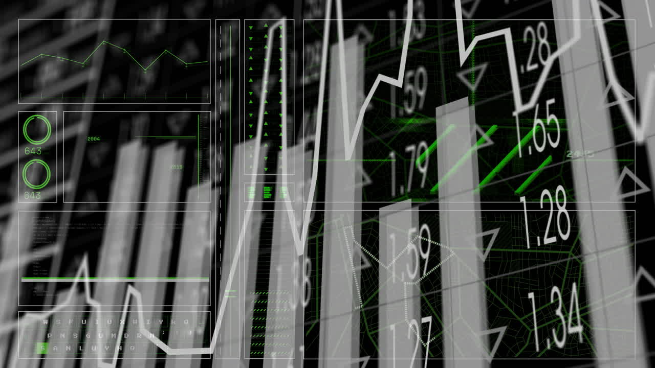 animación del procesamiento de datos financieros y estadísticas sobre un fondo negro