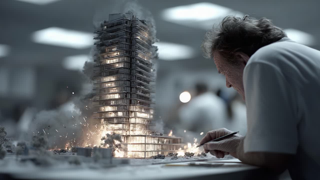 A Close-Up View of an Architect Working Diligently on a Burning Model of an Innovative Skyscraper Amidst a Tense Atmosphere and Creative Struggle
