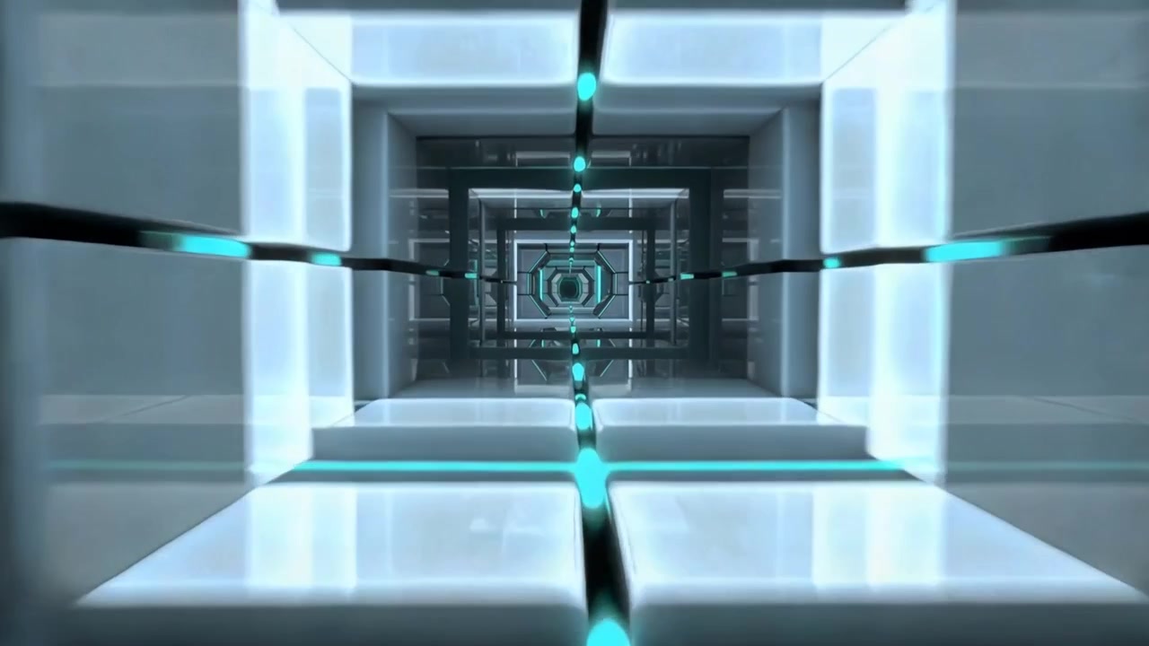 Motion starting, camera advancing through futuristic tunnel, revealing central rod with cyan nodes