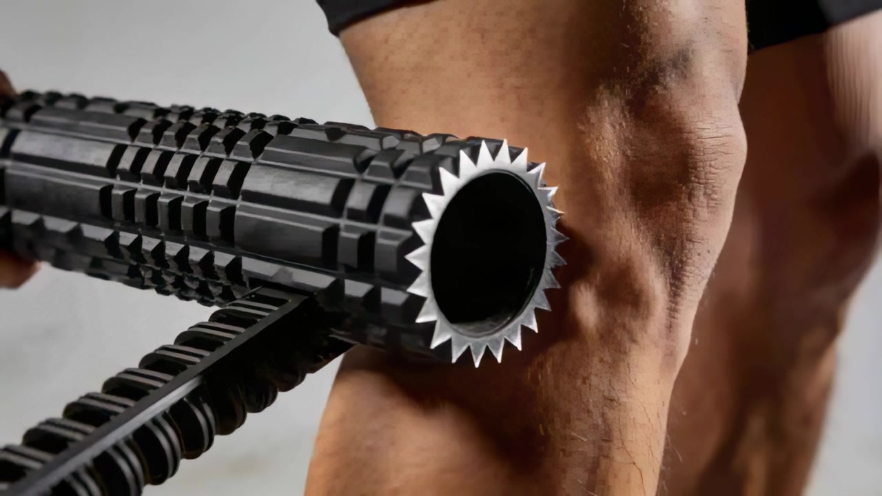 Rolling from left, hand pressing spiked roller along right thigh in black shorts for muscle relief