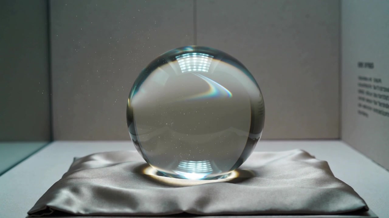 Showing clear crystal sphere reflecting shifting overhead light in glass case, with cushion label