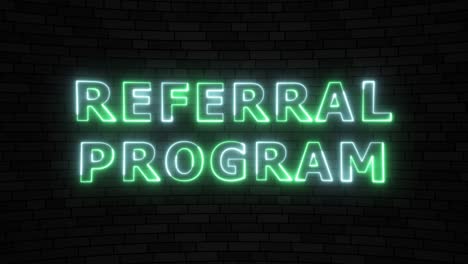 'referral program' blue and green neon border lines title animation with reflection on a floor. simple seamless loop animated text. 4k typography motion graphic