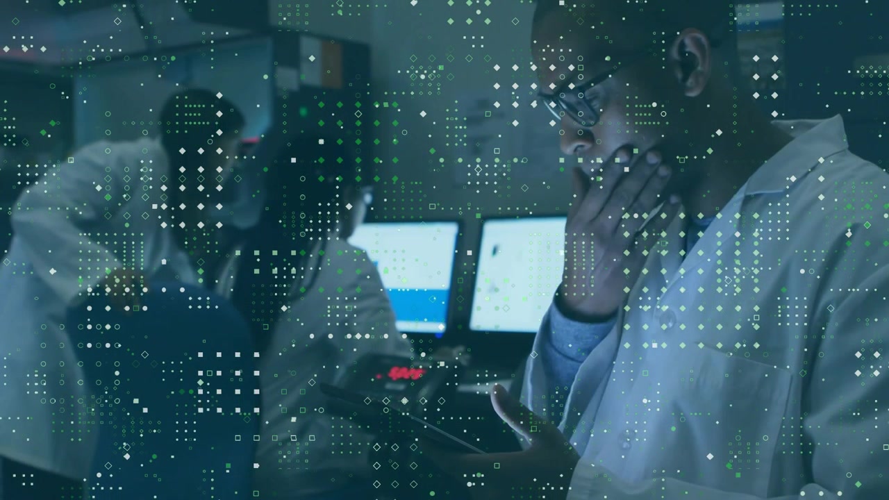 Lab technician tapping touchscreen and swiping data while digital overlay receding in lab research