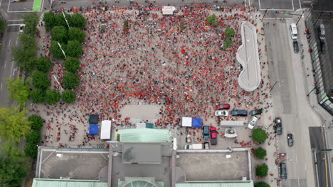 drone overhead view of a cancel canada day protest in vancouver bc