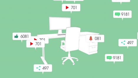 Animation-Von-Mediensymbolen-über-Dem-Büro