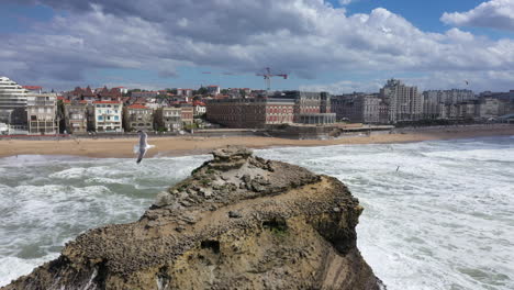 Seagulls-flying-around-a-giant-rock-in-the-ocean-Biarritz-Grande-Plage-sunny-day