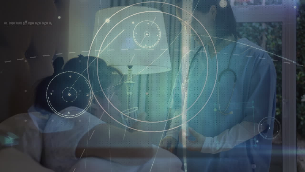 animación de la red de conexiones a través de una doctora asiática que trata a un paciente