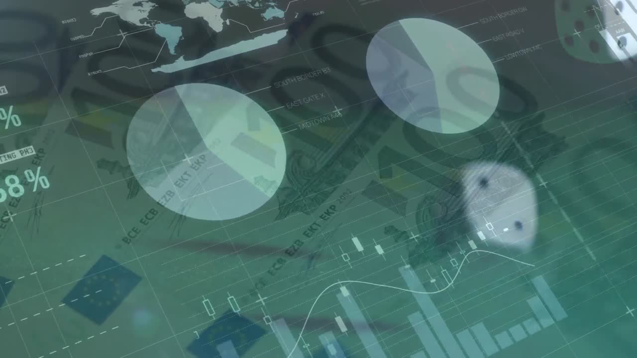 animación del procesamiento de datos financieros sobre dos dados y billetes en euros sobre fondo verde