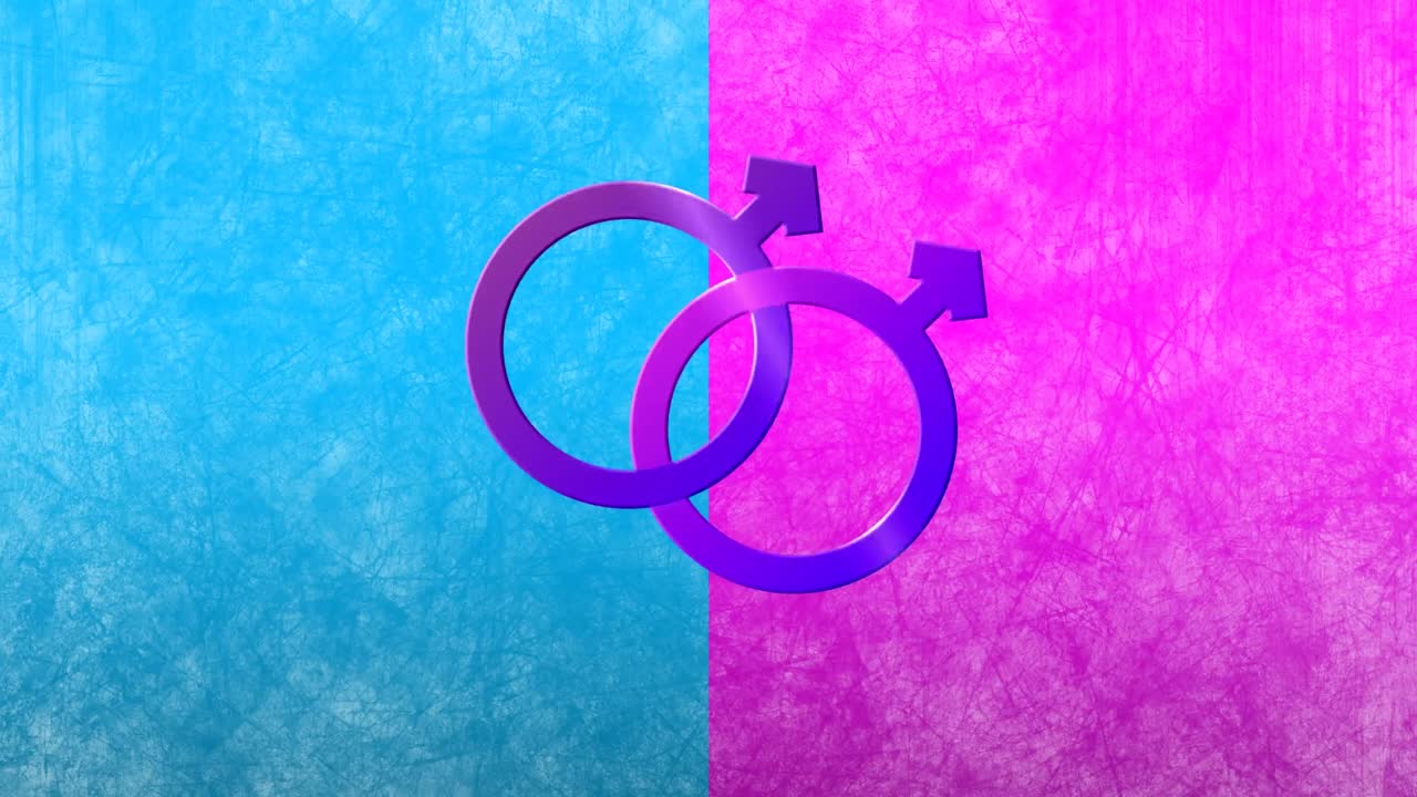 Animazione di due simboli di genere maschile collegati su sfondo blu e rosa