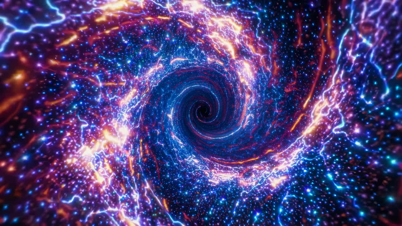 A mesmerizing spiral galaxy with glowing stars and electric currents, captured from a top-down