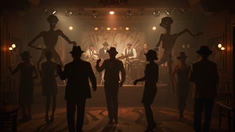 captivating dance floor scene with silhouetted figures amidst a live band performance featuring eerie background characters in a vintage setting